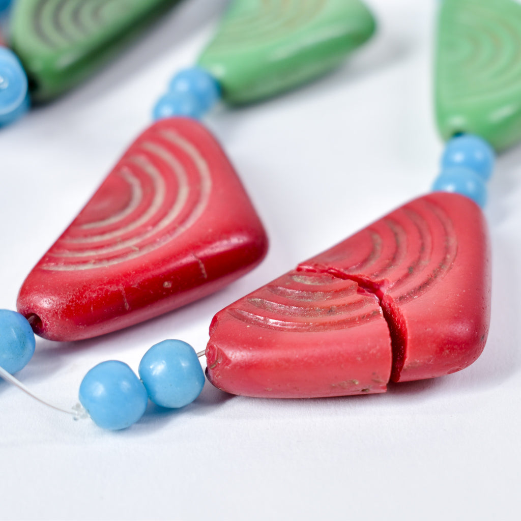 2 Strand Set Old Triangular Bohemian Red and Green Trade Beads With Blue Prosser 30 Inch