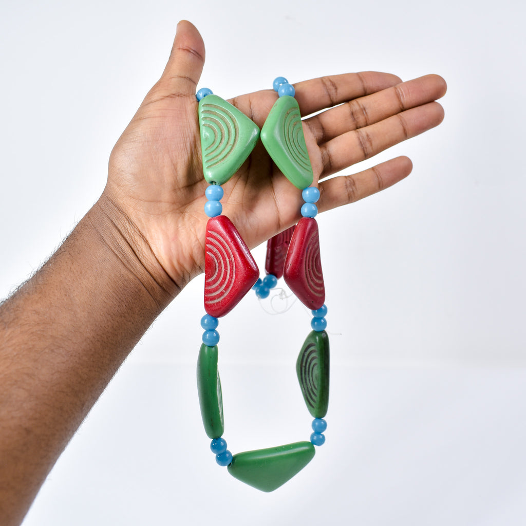 2 Strand Set Old Triangular Bohemian Red and Green Trade Beads With Blue Prosser 30 Inch
