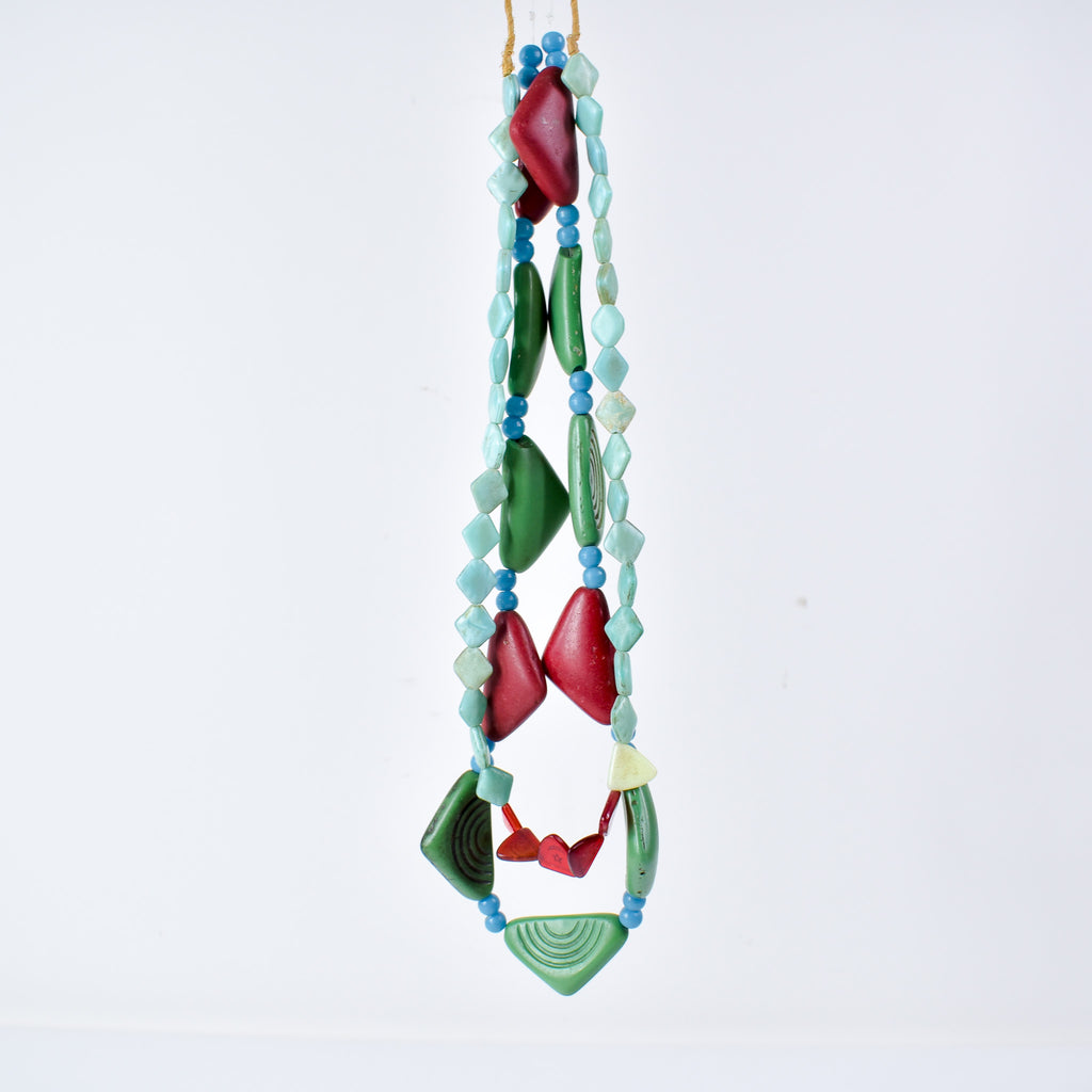 2 Strand Set Old Triangular Bohemian Red and Green Trade Beads With Blue Prosser 30 Inch