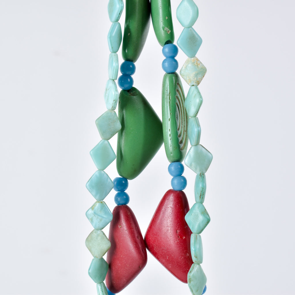2 Strand Set Old Triangular Bohemian Red and Green Trade Beads With Blue Prosser 30 Inch