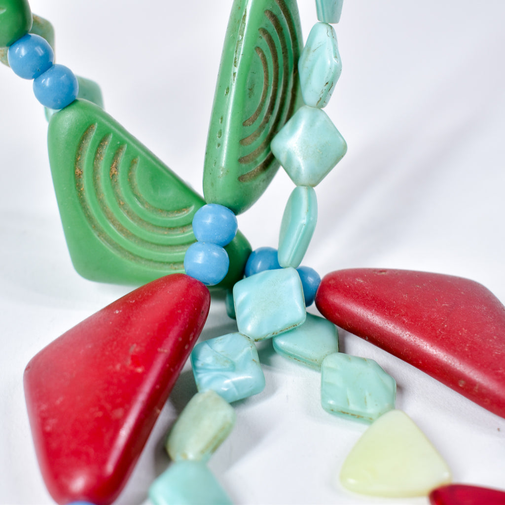 2 Strand Set Old Triangular Bohemian Red and Green Trade Beads With Blue Prosser 30 Inch