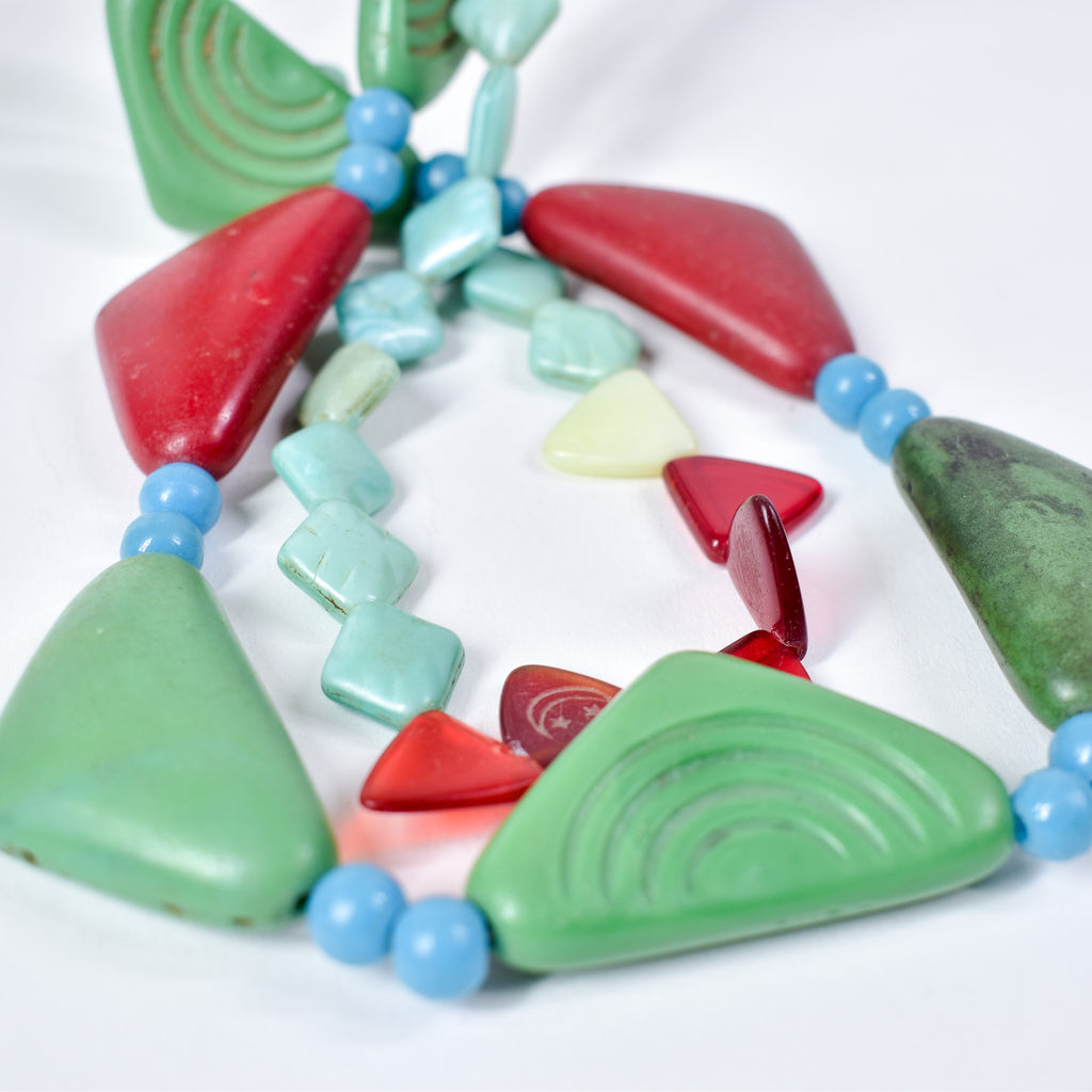 2 Strand Set Old Triangular Bohemian Red and Green Trade Beads With Blue Prosser 30 Inch