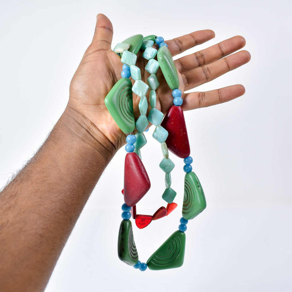 2 Strand Set Old Triangular Bohemian Red and Green Trade Beads With Blue Prosser 30 Inch