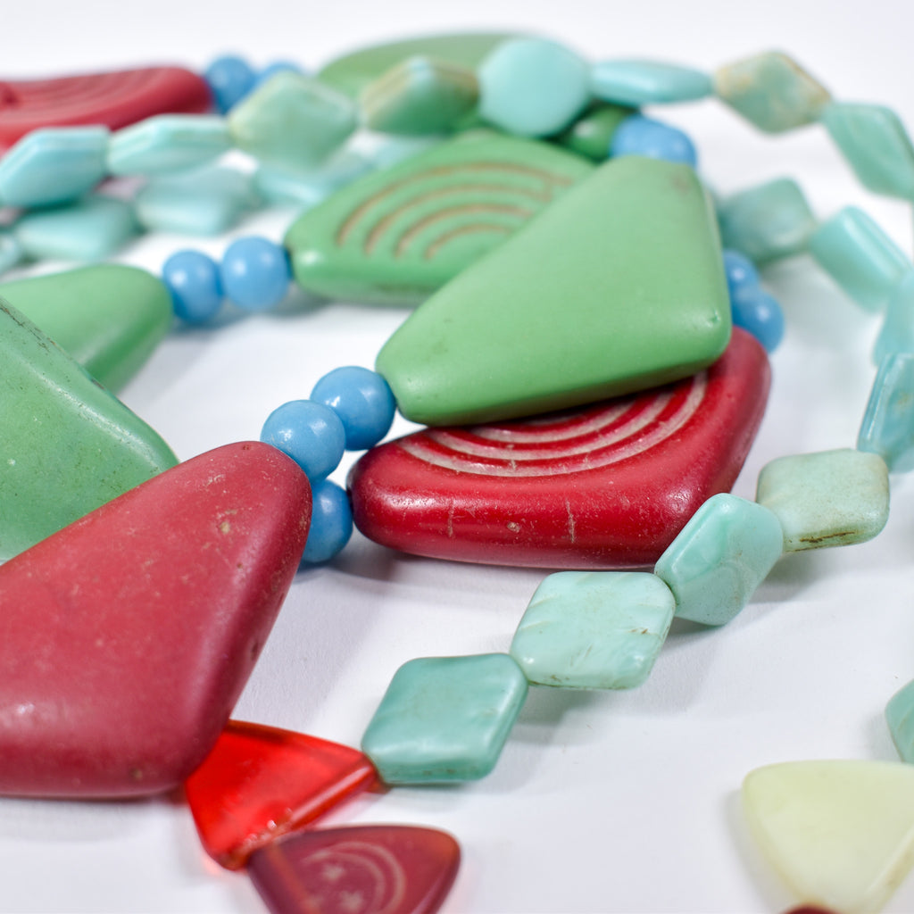 2 Strand Set Old Triangular Bohemian Red and Green Trade Beads With Blue Prosser 30 Inch