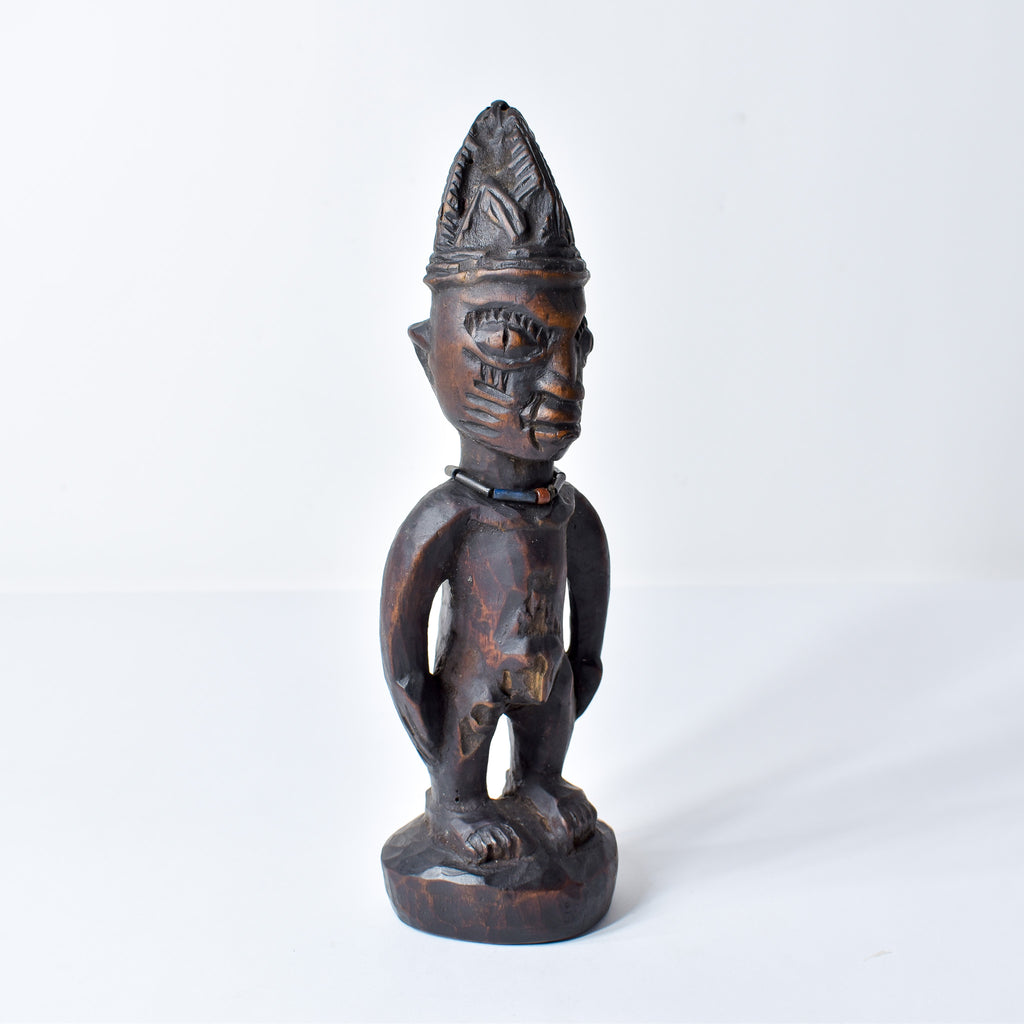 Yoruba Ibeji Male Figure With Glass Bead Necklace Nigeria