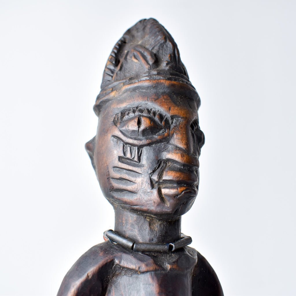 Yoruba Ibeji Male Figure With Glass Bead Necklace Nigeria