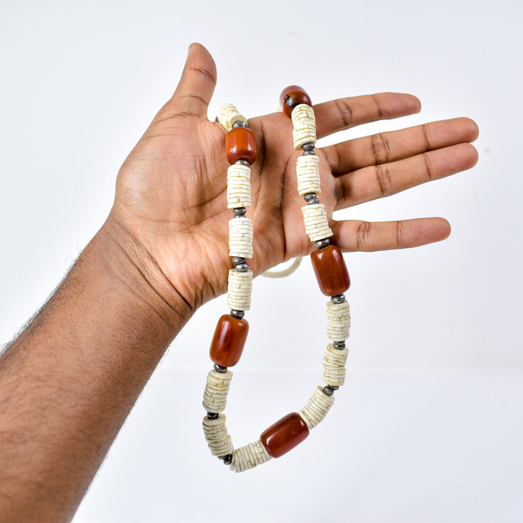 Ostrich Egg Shell Heishi Necklace with Faux Amber Trade Beads Henry Collection