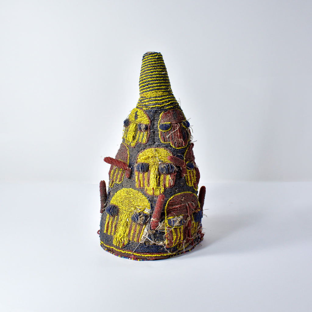 Old Yoruba Red Yellow and Blue Beaded Crown Nigeria