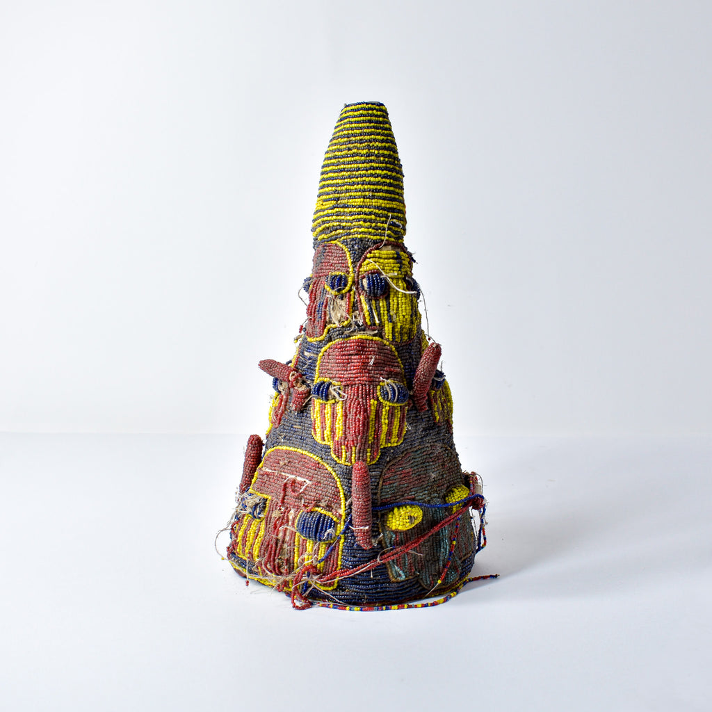 Old Yoruba Red Yellow and Blue Beaded Crown Nigeria