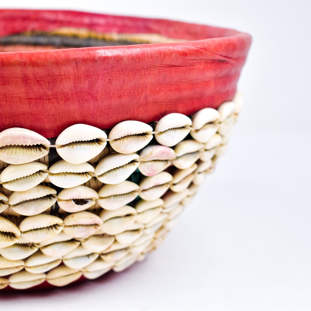 Hausa Cowrie Shell Grass Basket Bowl With Leather Nigeria 11 Inch