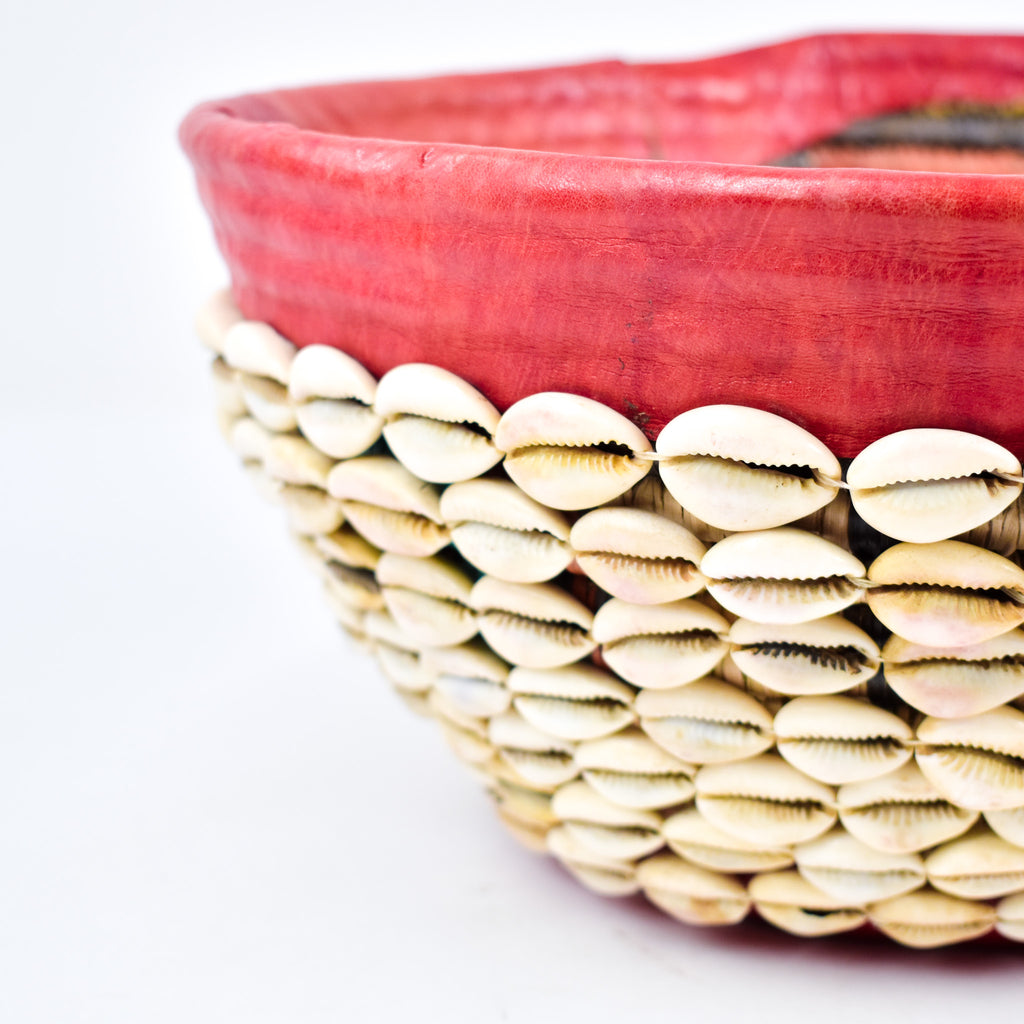 Hausa Cowrie Shell Grass Basket Bowl With Leather Nigeria 11 Inch