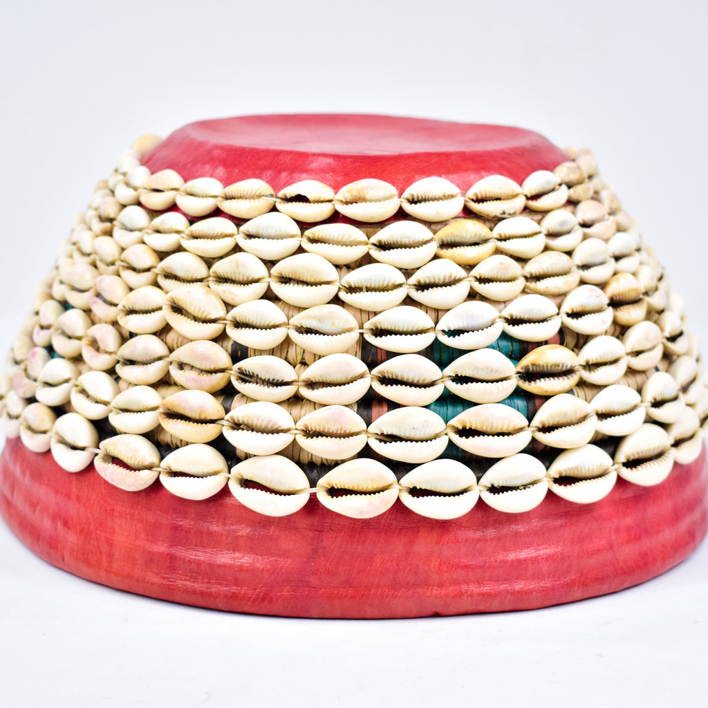 Hausa Cowrie Shell Grass Basket Bowl With Leather Nigeria 11 Inch