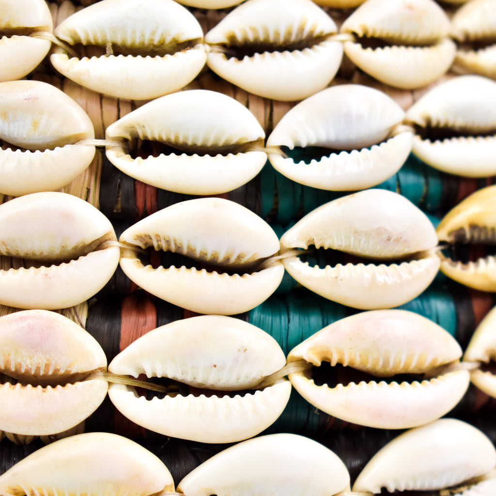 Hausa Cowrie Shell Grass Basket Bowl With Leather Nigeria 11 Inch