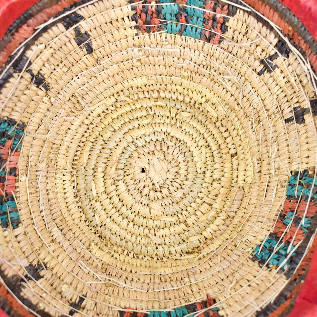 Hausa Cowrie Shell Grass Basket Bowl With Leather Nigeria 11 Inch