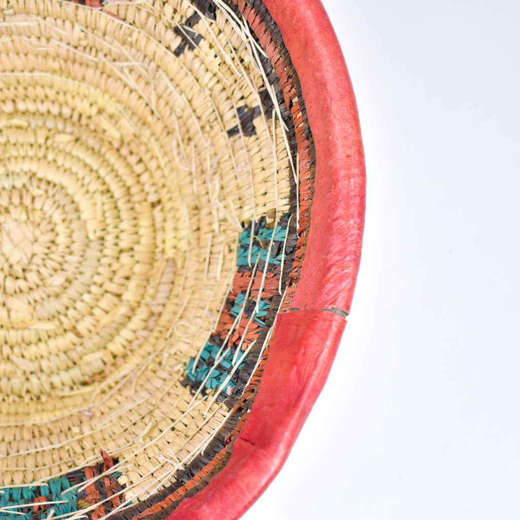 Hausa Cowrie Shell Grass Basket Bowl With Leather Nigeria 11 Inch