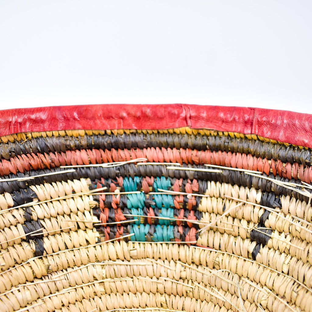 Hausa Cowrie Shell Grass Basket Bowl With Leather Nigeria 11 Inch