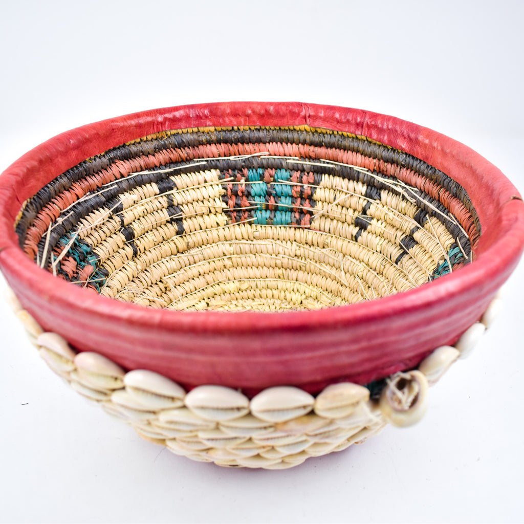 Hausa Cowrie Shell Grass Basket Bowl With Leather Nigeria 11 Inch