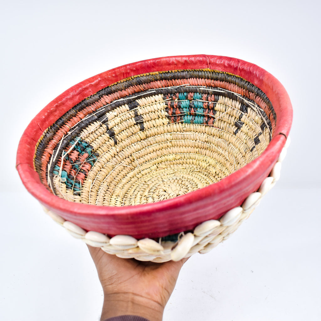 Hausa Cowrie Shell Grass Basket Bowl With Leather Nigeria 11 Inch