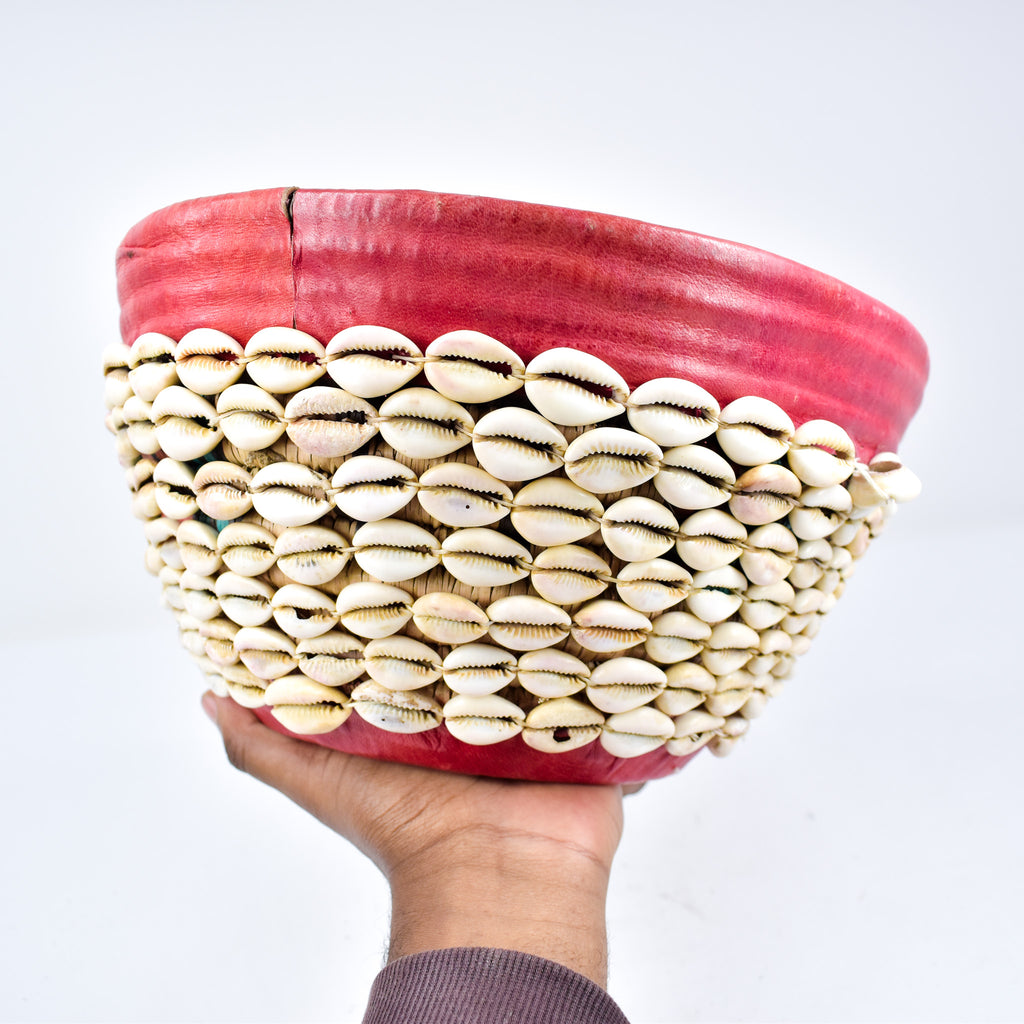 Hausa Cowrie Shell Grass Basket Bowl With Leather Nigeria 11 Inch