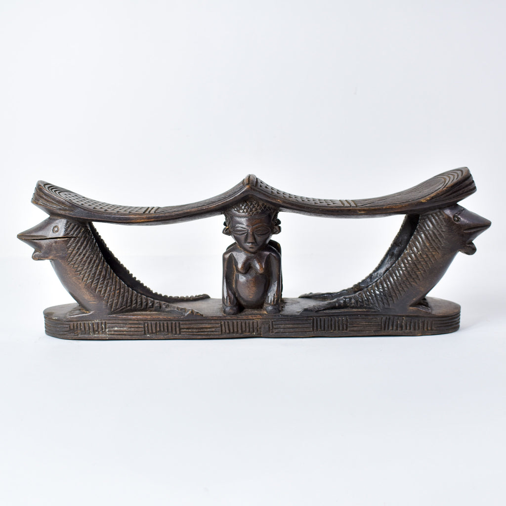 Luba Figural Double Headrest with Crocodiles Congo