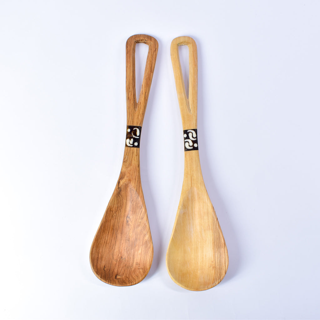 Maasai Olivewood Serving Spoon Set with Bone Inlay Kenya