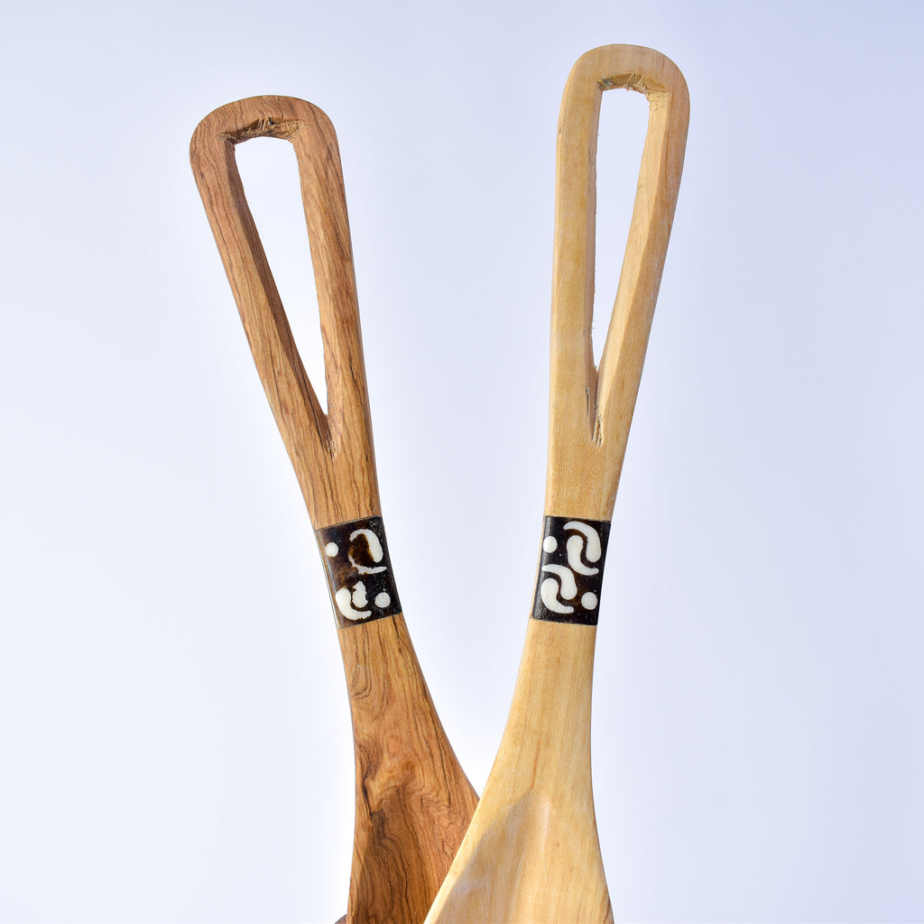 Maasai Olivewood Serving Spoon Set with Bone Inlay Kenya
