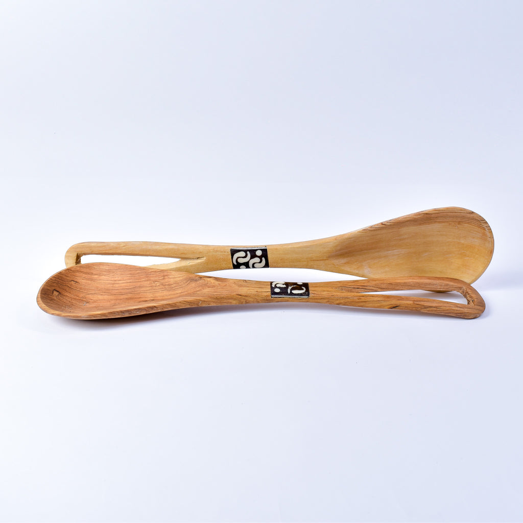 Maasai Olivewood Serving Spoon Set with Bone Inlay Kenya