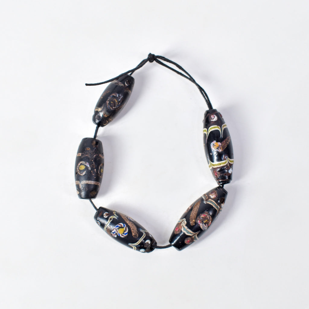5 Aventurine Floral Venetian Black Trade Beads