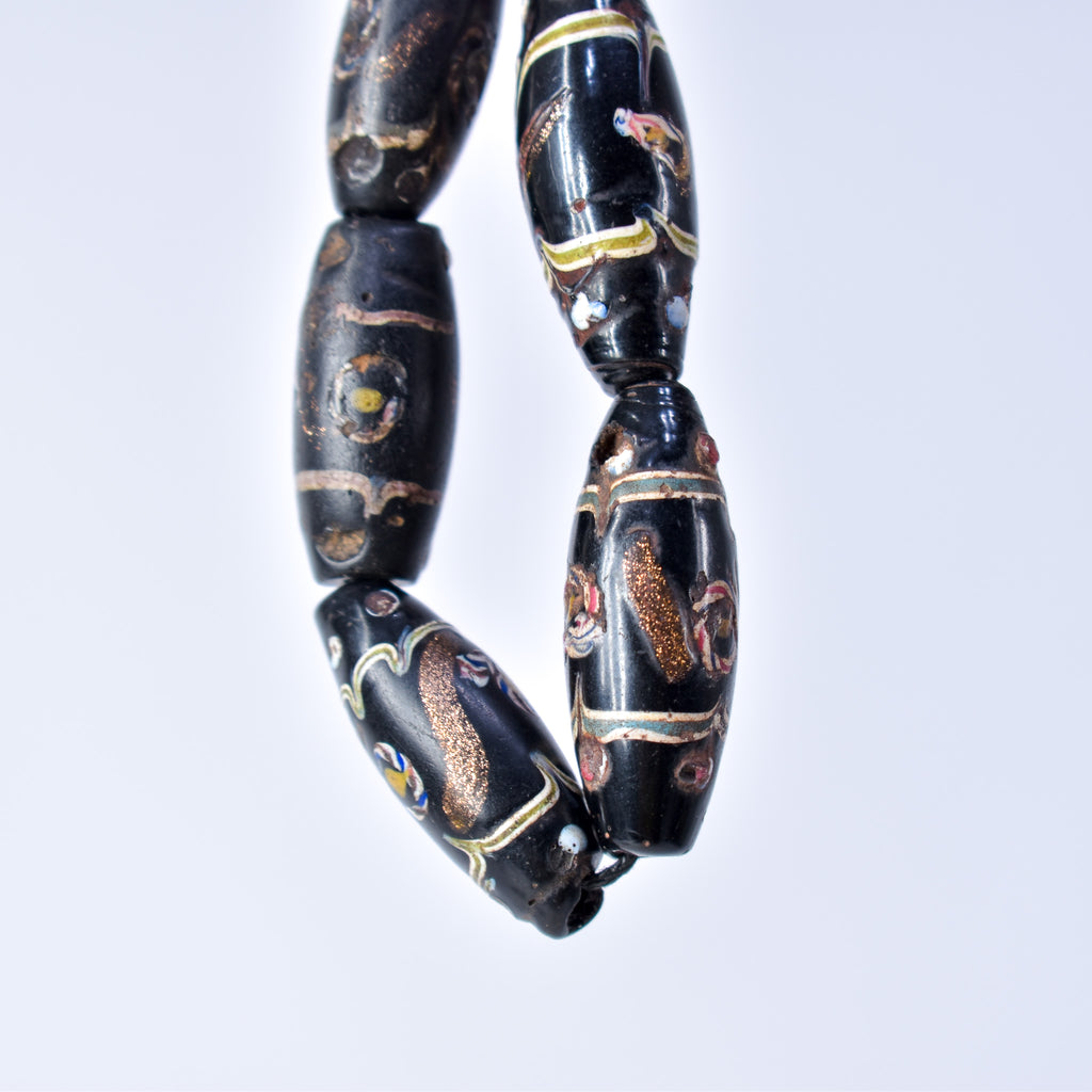 5 Aventurine Floral Venetian Black Trade Beads