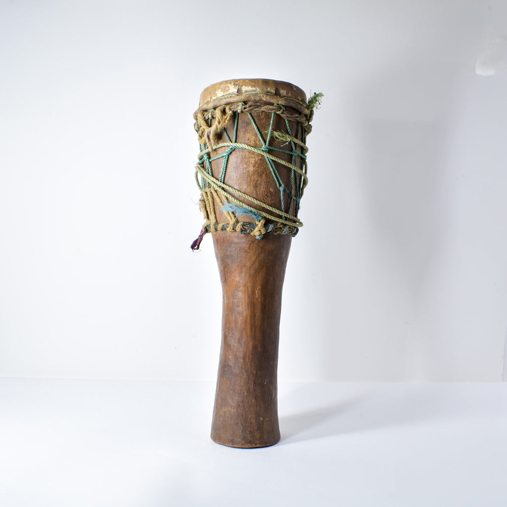 Fulani Wood Drum Tall with Animal Hide Guinea
