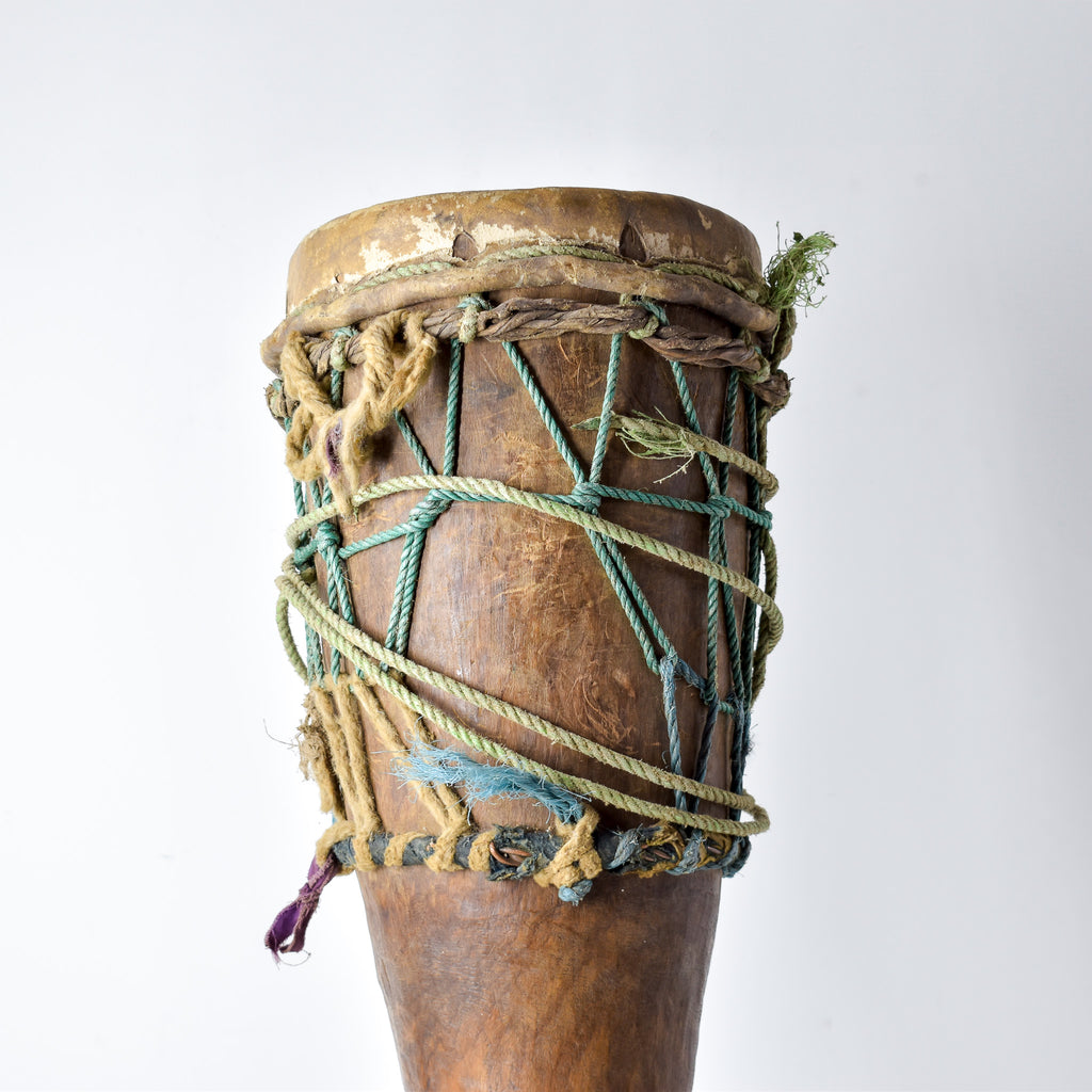 Fulani Wood Drum Tall with Animal Hide Guinea