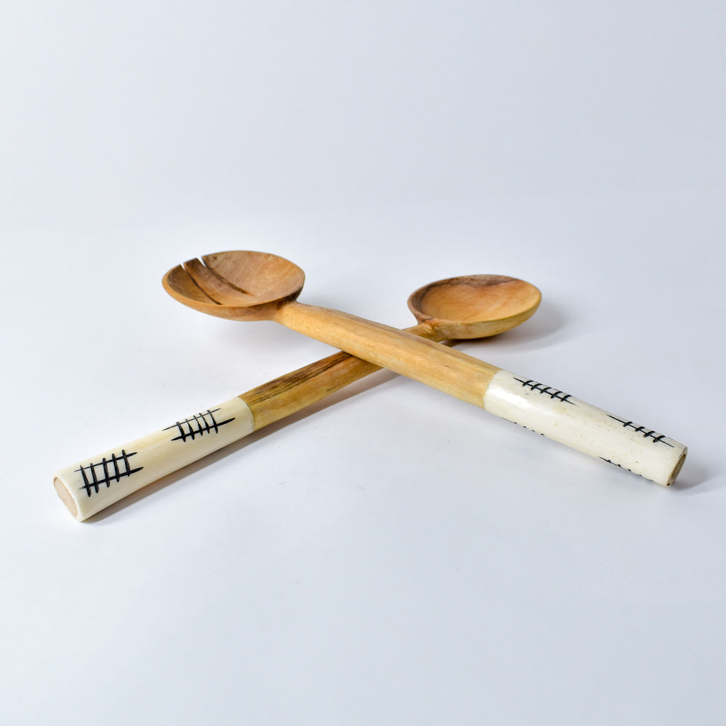 Maasai Olivewood and Bone Handle Serving Spoon Set Kenya