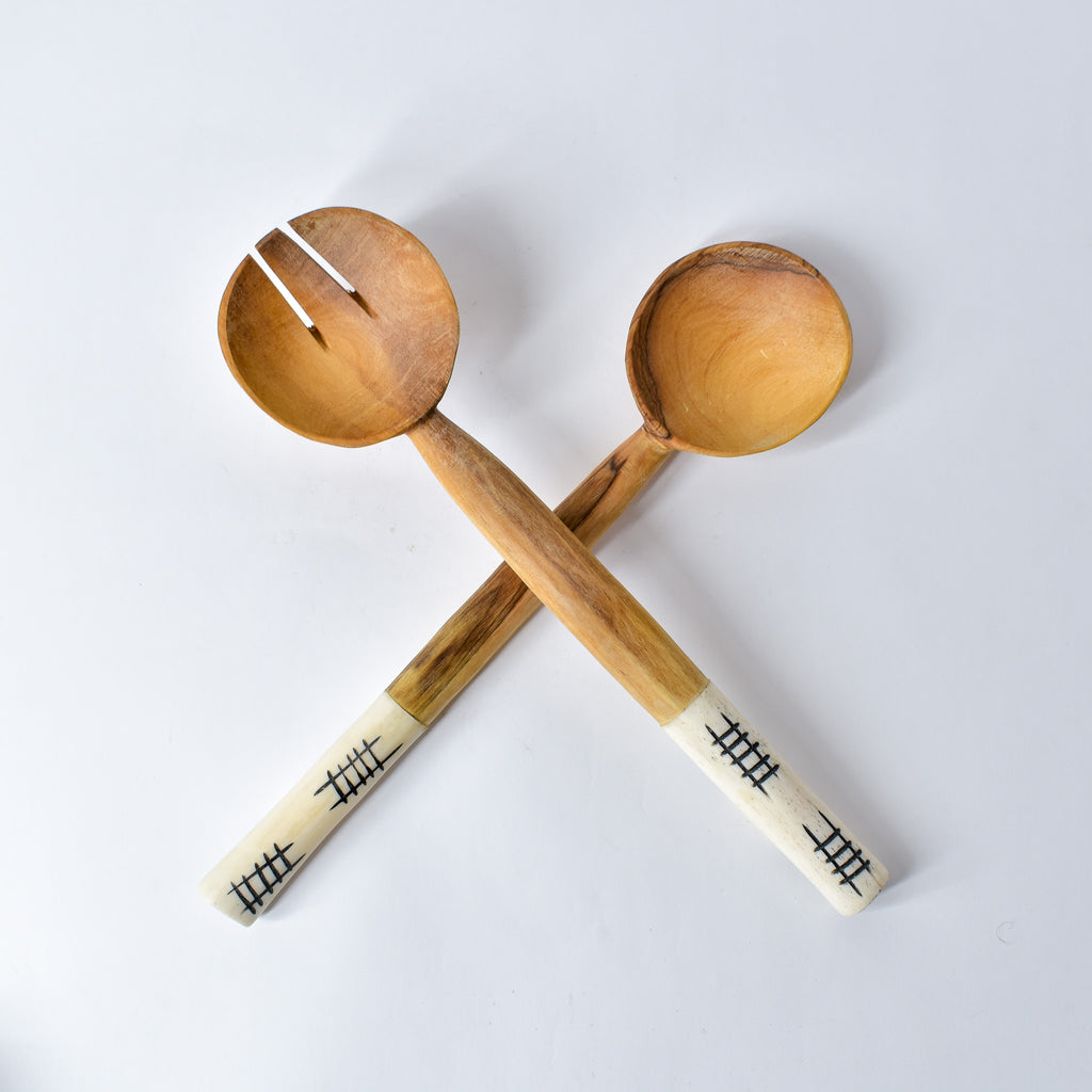 Maasai Olivewood and Bone Handle Serving Spoon Set Kenya