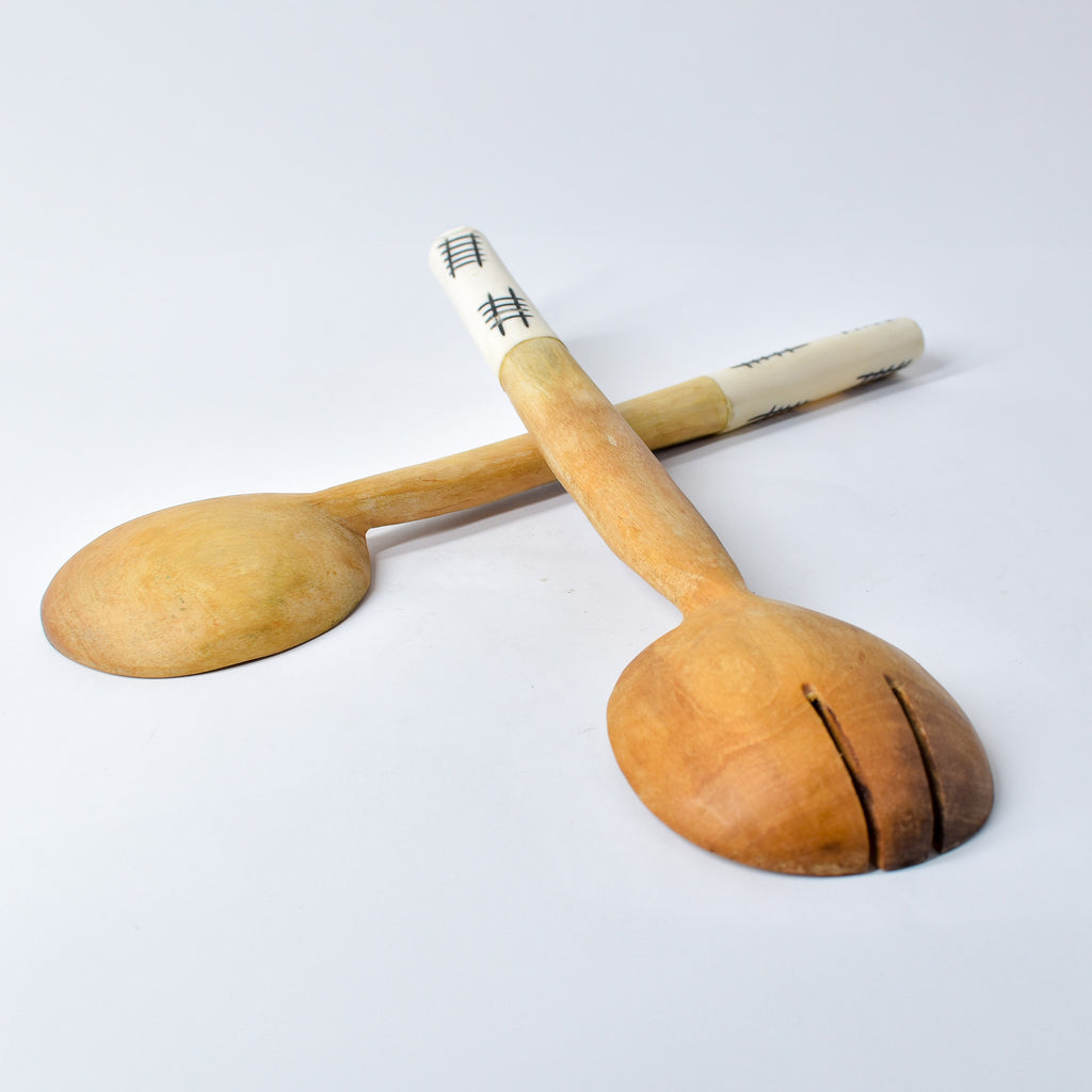Maasai Olivewood and Bone Handle Serving Spoon Set Kenya