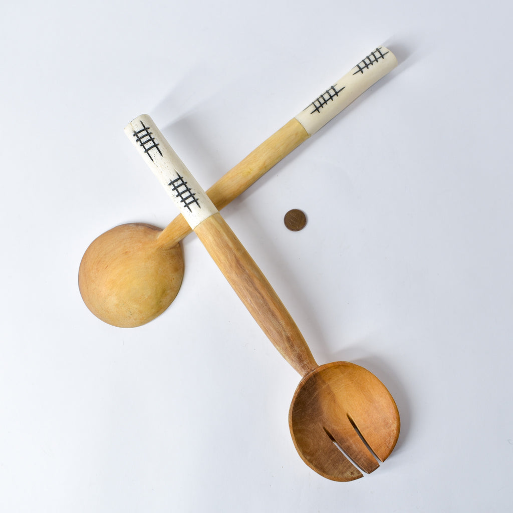 Maasai Olivewood and Bone Handle Serving Spoon Set Kenya