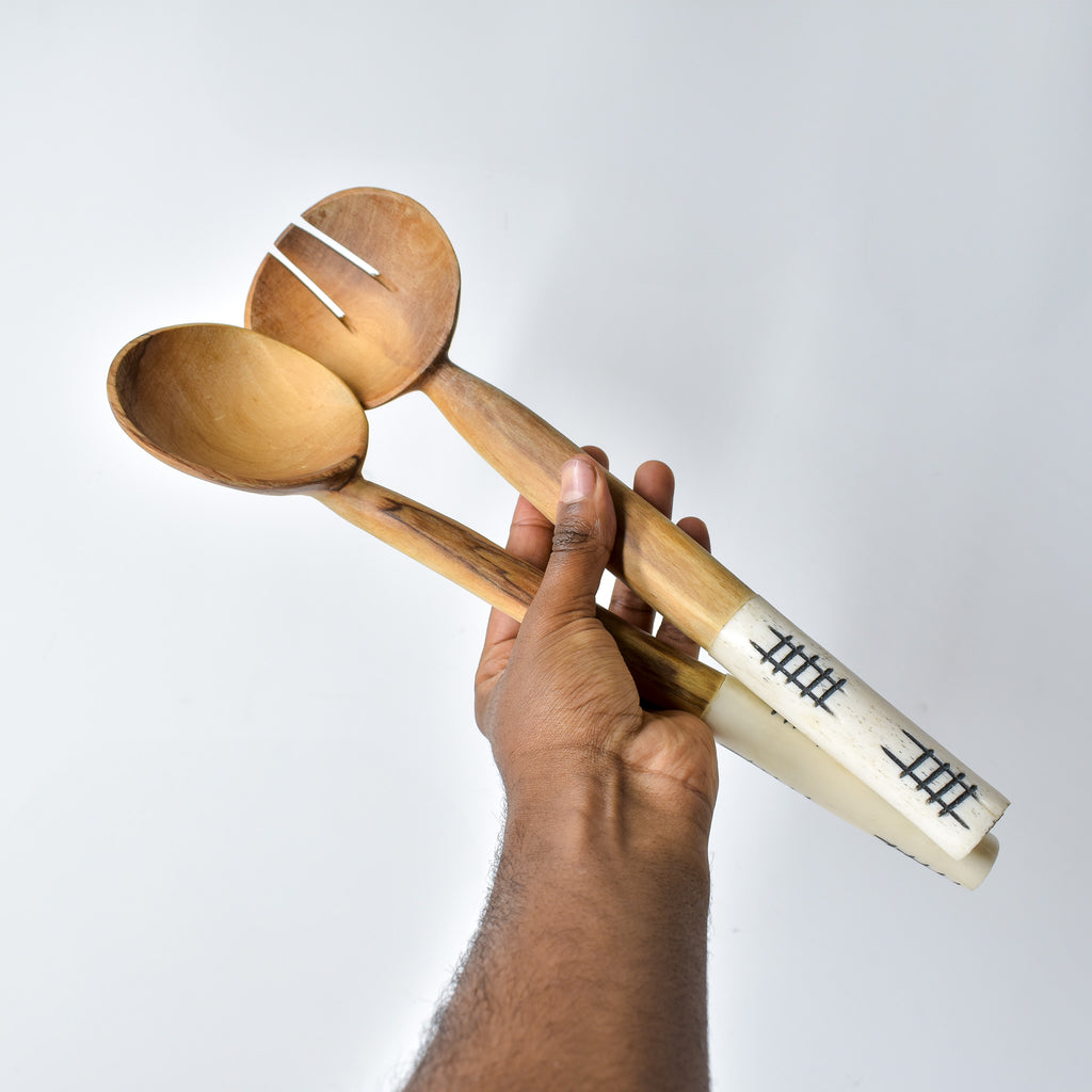 Maasai Olivewood and Bone Handle Serving Spoon Set Kenya
