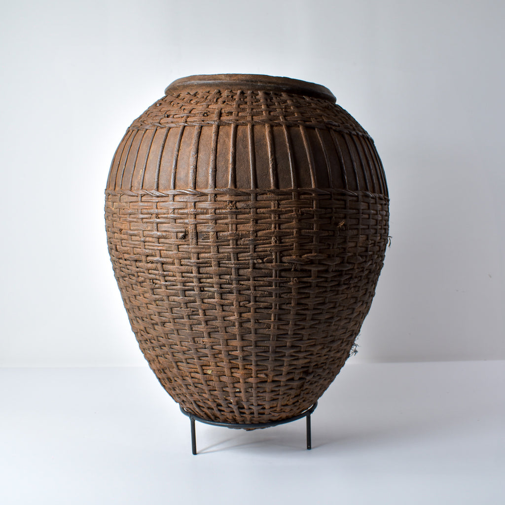 Batwa Pot with Rattan Basketry on Stand Burundi