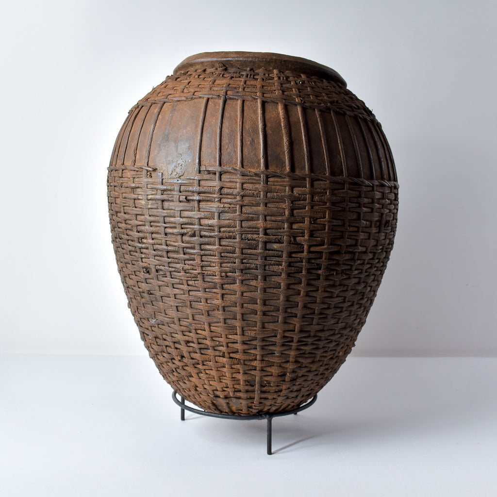 Batwa Pot with Rattan Basketry on Stand Burundi