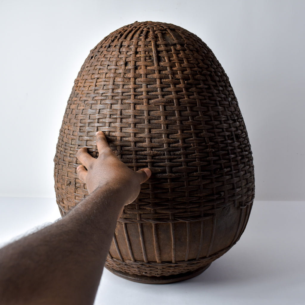 Batwa Pot with Rattan Basketry on Stand Burundi