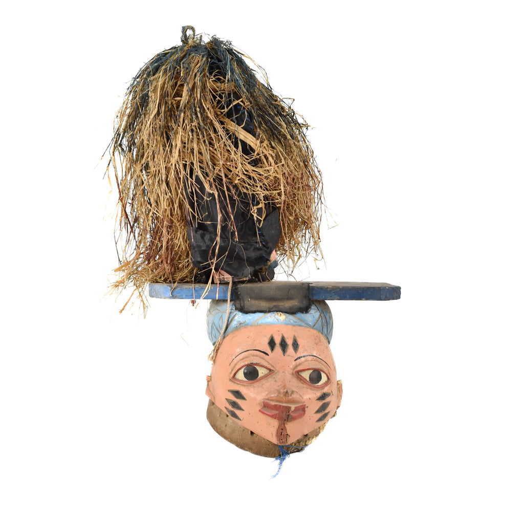 Yoruba Gelede Mask with Raffia Figure Nigeria