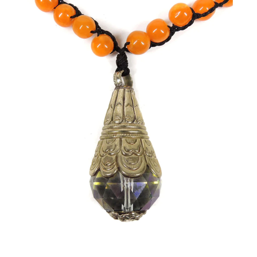 Orange Tibetan Beaded Necklace with Large Crystal Repoussé Pendant