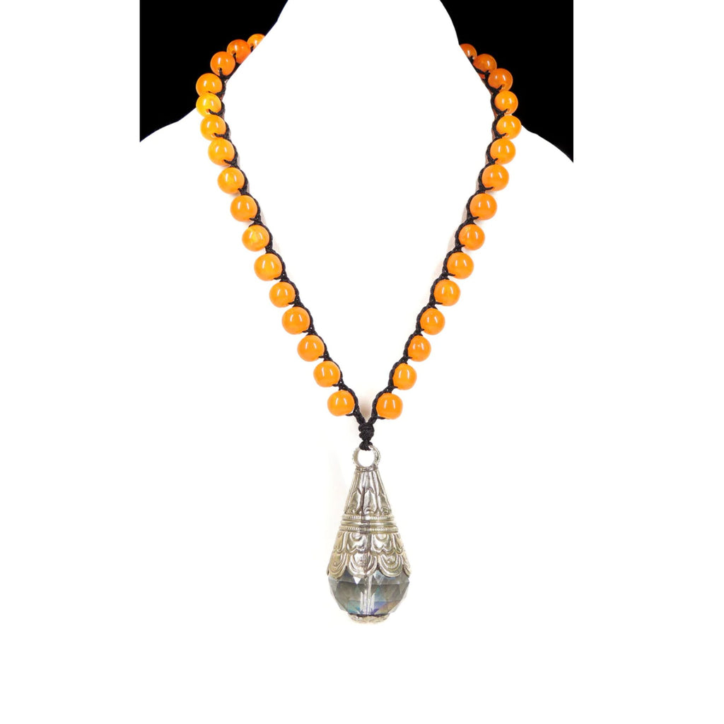 Orange Tibetan Beaded Necklace with Large Crystal Repoussé Pendant