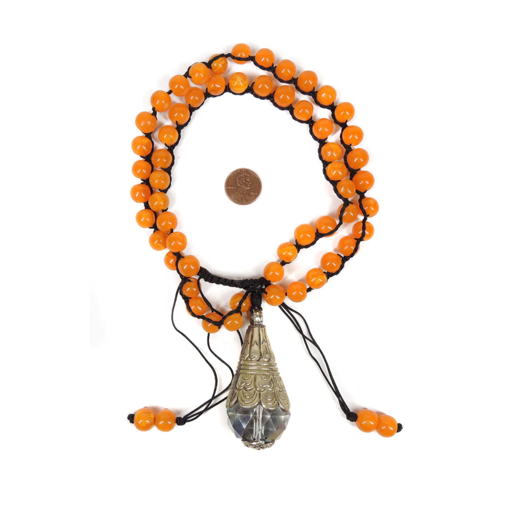 Orange Tibetan Beaded Necklace with Large Crystal Repoussé Pendant