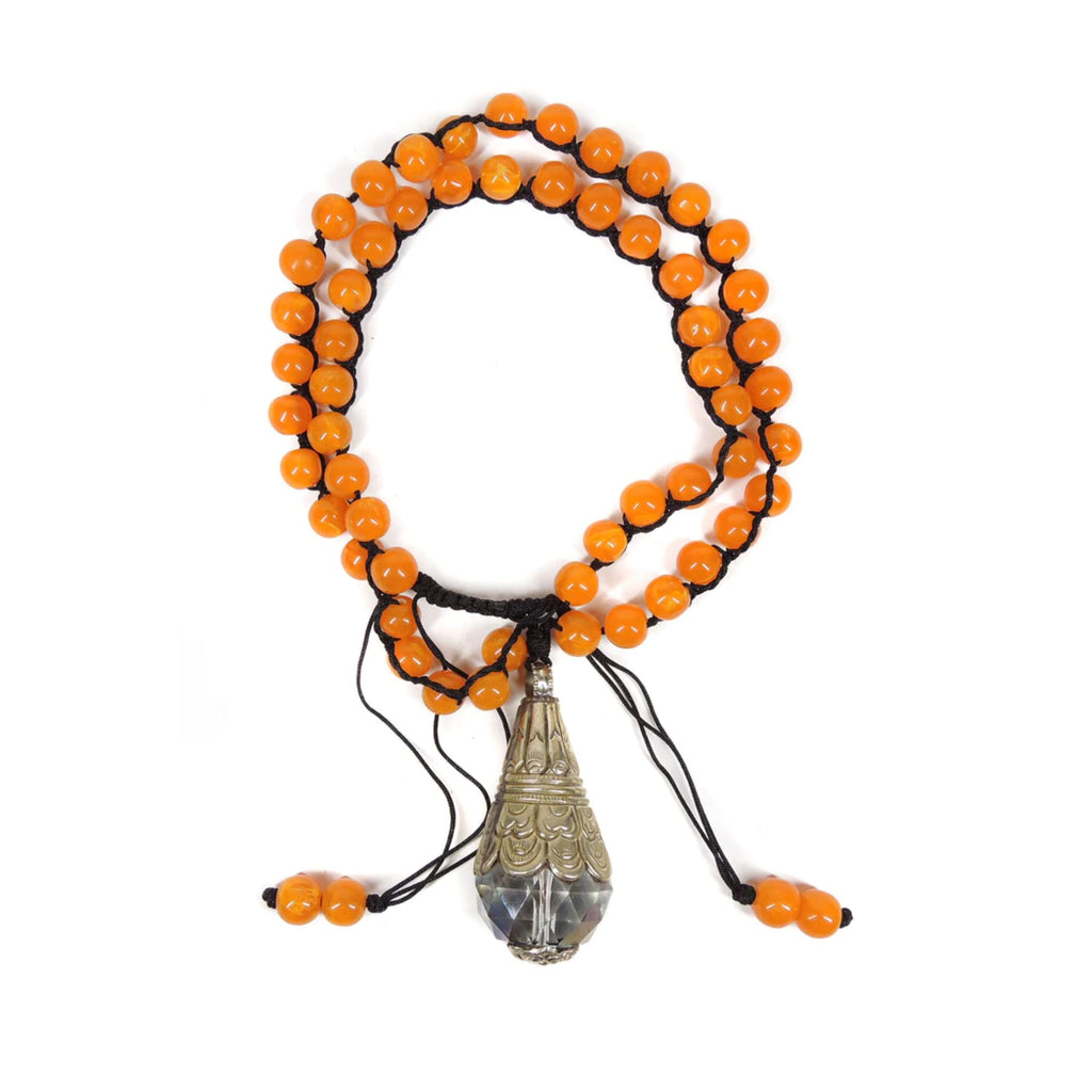 Orange Tibetan Beaded Necklace with Large Crystal Repoussé Pendant